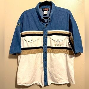 Vintage 90s U.S. Western Casual Color Block Cotton Striped Denim Shirt Men's Lrg